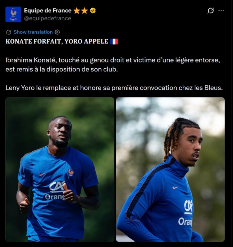 官方：科纳特右膝轻微扭伤退出法国队名单，约罗递补入选